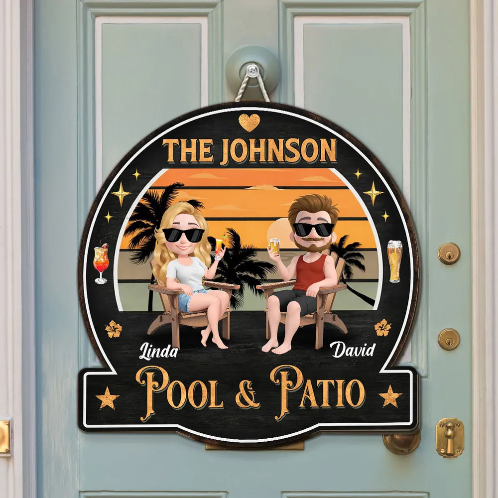 Personalized Wooden Sign with Relaxing Couple at Sunset Pool & Patio Scene, Unique Custom Gift for Couples