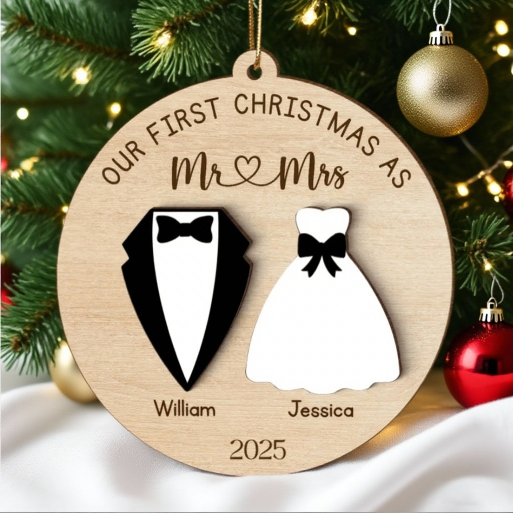 2-Layer Wooden Ornament for Married Couples, Wedding Keepsake and Perfect Christmas Gift