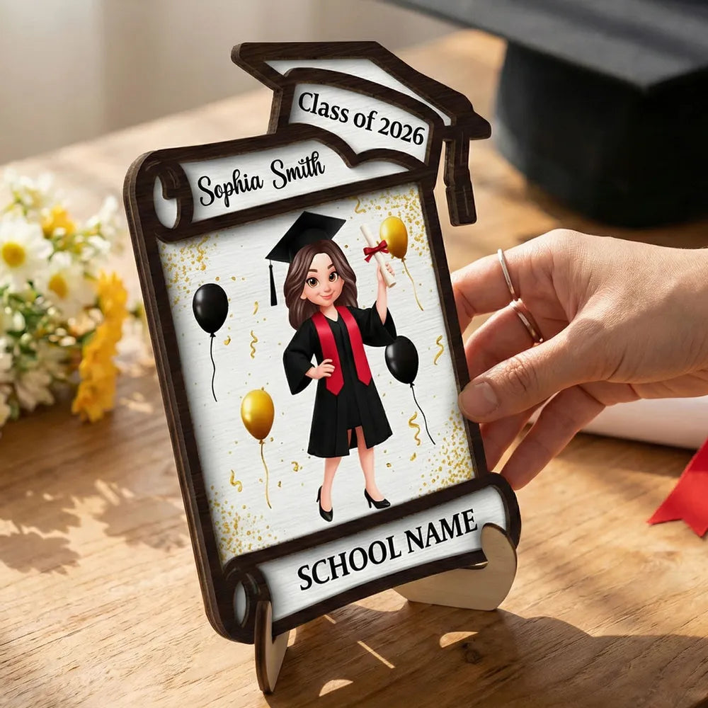 Class of Graduation 2-Layer Wooden Plaque Personalized Keepsake With Cap And Balloons For Desk Or Shelf Heartfelt Gift
