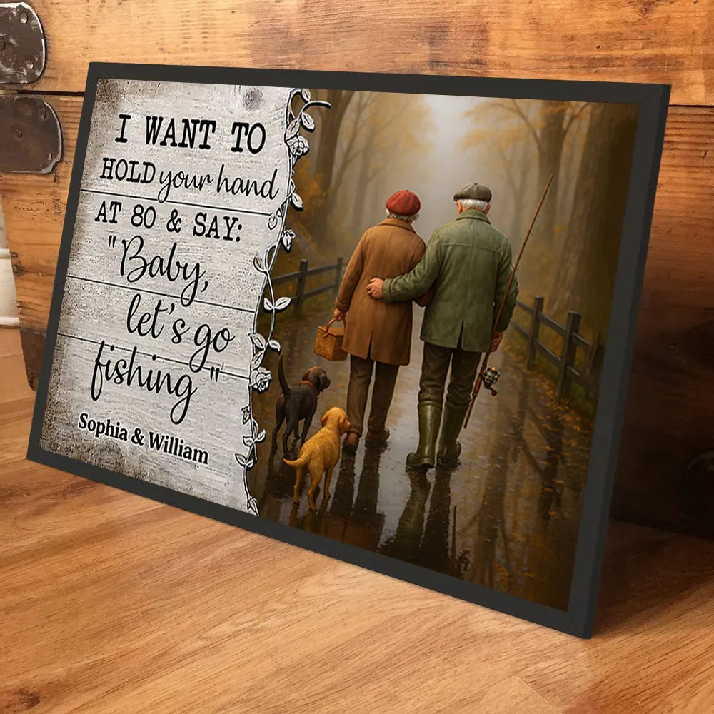Personalized Couple Fishing Poster with Dogs – Romantic Wall Art for Living Room, Unique Gift for Him or Her
