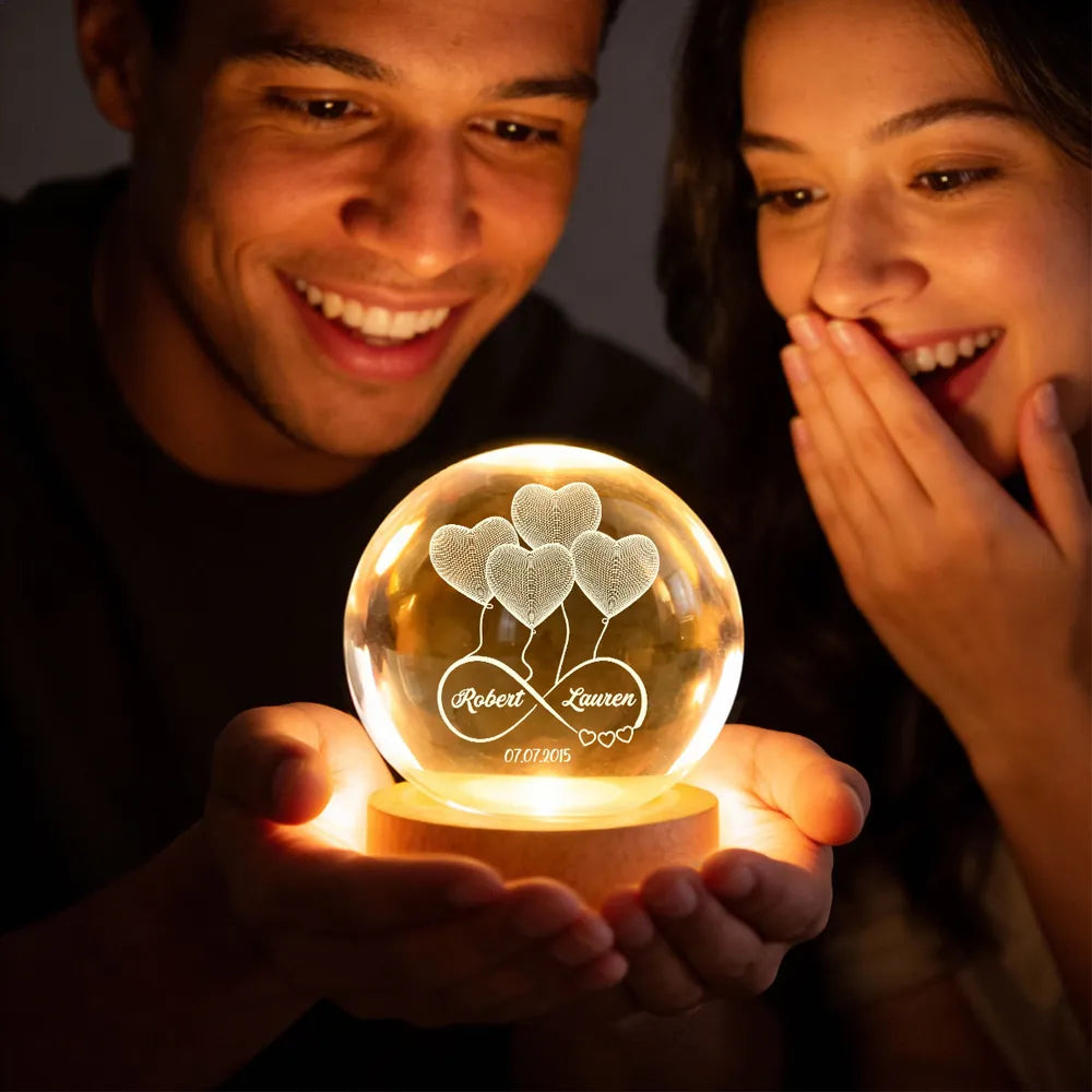 Personalized Crystal Ball LED Night Light Infinity Heart Balloon Couple Night Light, Romantic Bedroom Decor, Unique Gift for Her or Him