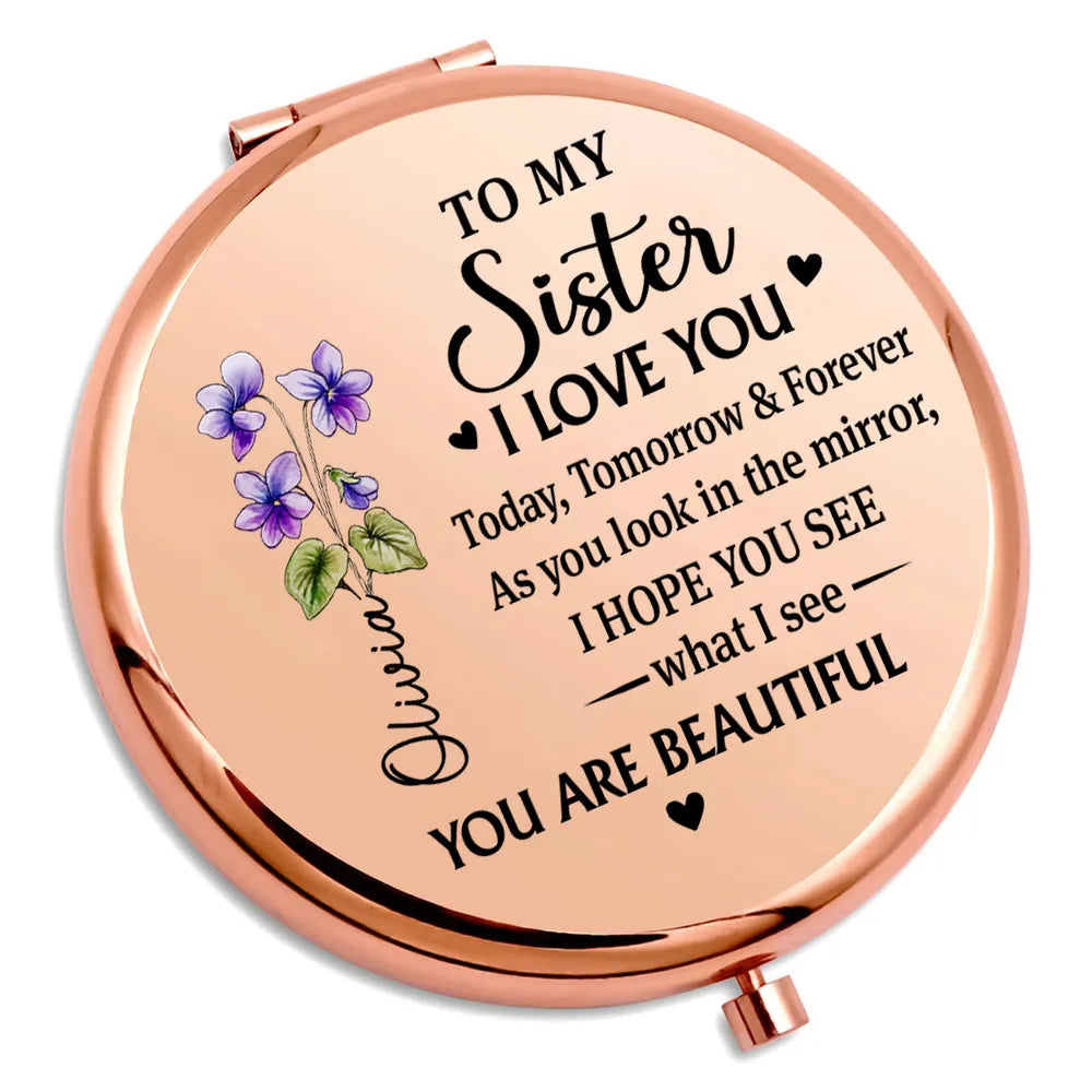 Personalized Metal Compact Mirror Sister Quote with Purple Flowers, Unique Everyday Purse Gift That Feels Heartwarming