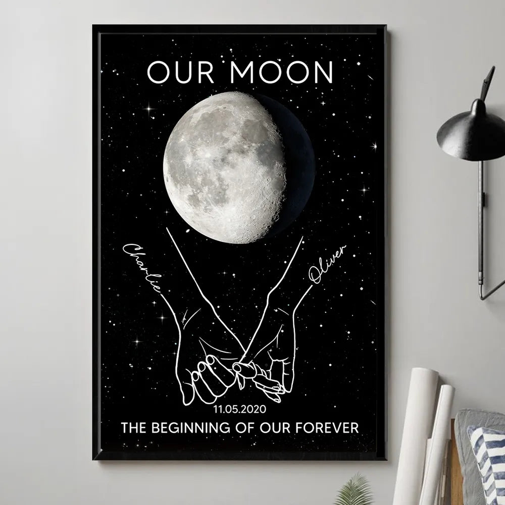 Personalized Moon Phase Couple Holding Hands Line Art Poster, Romantic Starry Night Wall Decor, Unique Gift