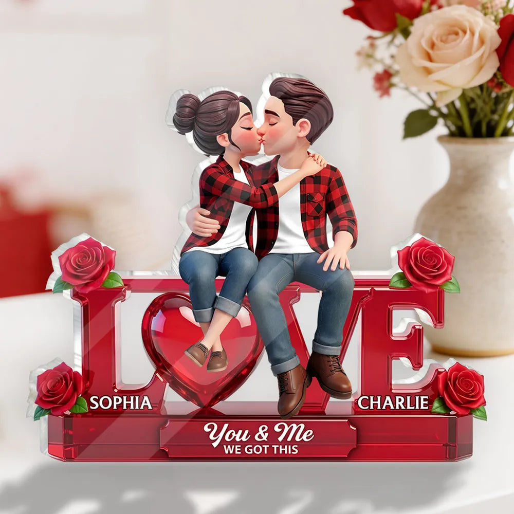Personalized Shaped Acrylic Block Plaque with Kissing Couple on LOVE and Roses - Unique Romantic Gift for Him or Her