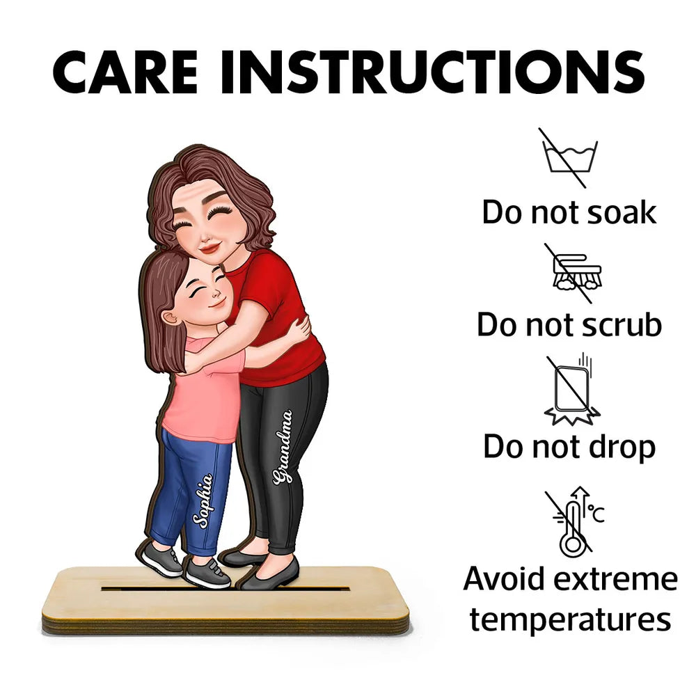 Wooden Plaque Personalized Hugging Grandma & Grandkid Freestanding Decor, Warm Cartoon Style, Unique Gift for Grandma