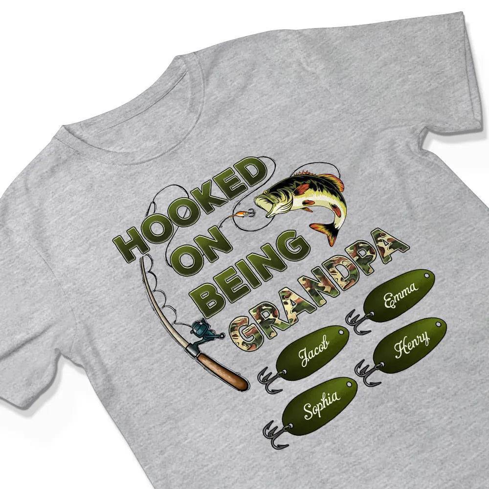 "Personalized Grandpa Fishing T-Shirt/Hoodie - Hooked on Being Grandpa - Ideal Father's Day or Birthday Gift"