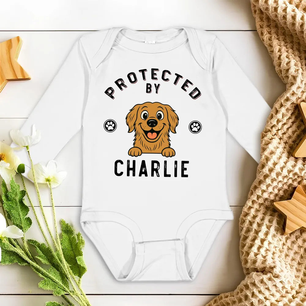 Personalized Protected By Dog Long Sleeve Baby Onesie Cute Cartoon Pup & Paw Prints Unique Baby Gift