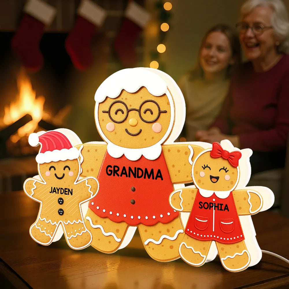 Acrylic Light Box - Gingerbread Grandma & Grandkids, Custom, Christmas Decor, Warm Glow Keepsake, Unique Gift for Grandma