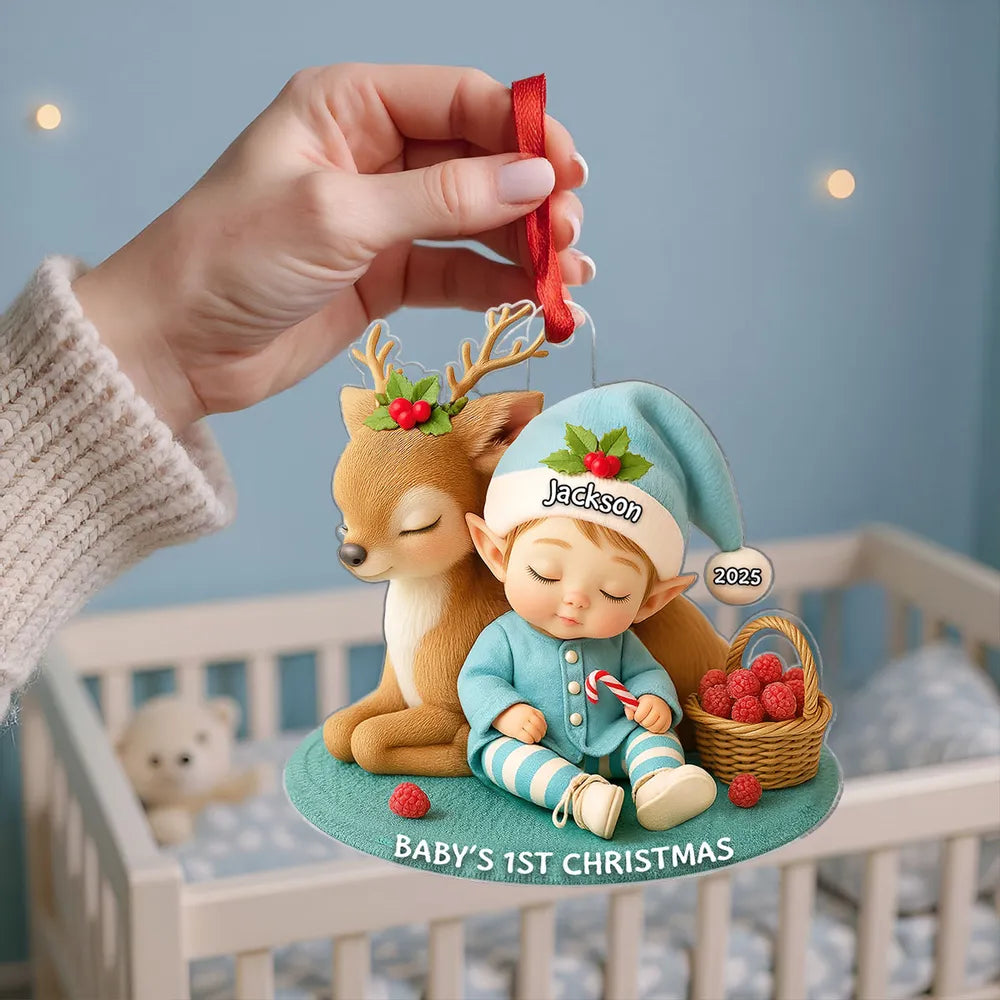 Acrylic Ornament – “Baby’s 1st Christmas” Deer-&-Elf Keepsake