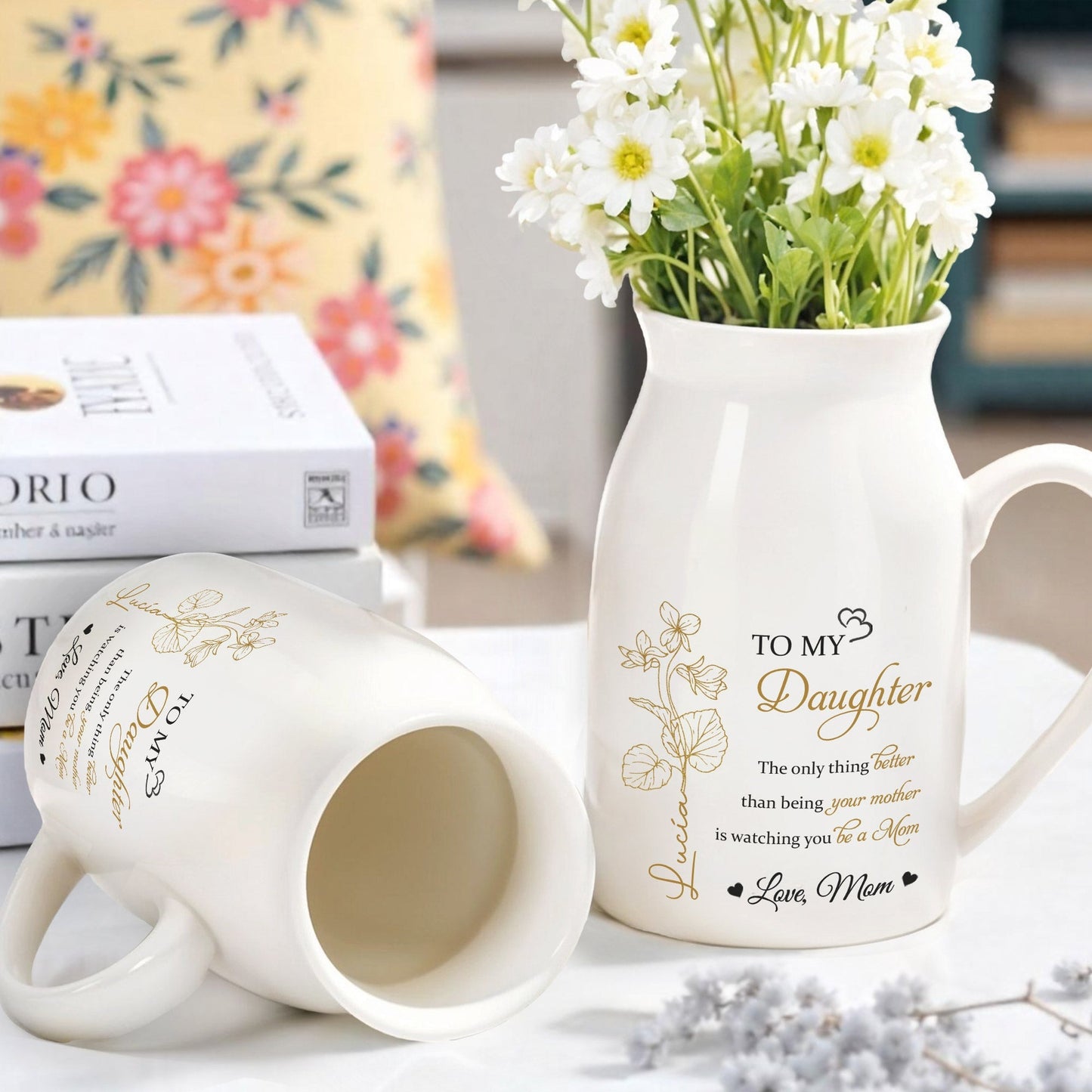 Personalized Handled Vase & Ceramic Mug - Heartfelt Gift for Daughter from Mom – Elegant Keepsake for Mother's Day & Special Occasions
