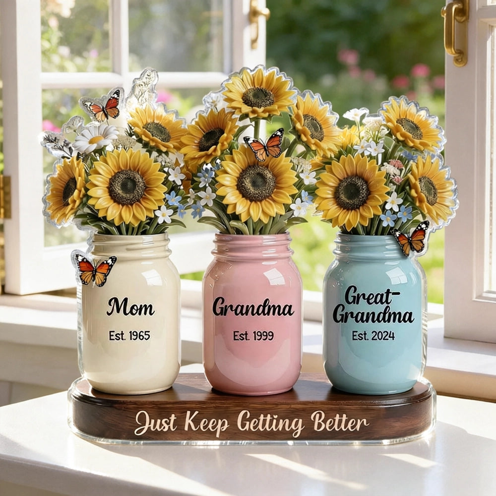 Personalized Rectangle Acrylic Block Plaque Sunflower Mason Jars Desk Decor - Unique Gift for Mom Grandma Great-Grandma