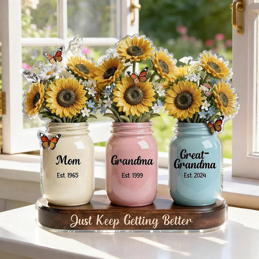Personalized Rectangle Acrylic Block Plaque Sunflower Mason Jars Desk Decor - Unique Gift for Mom Grandma Great-Grandma