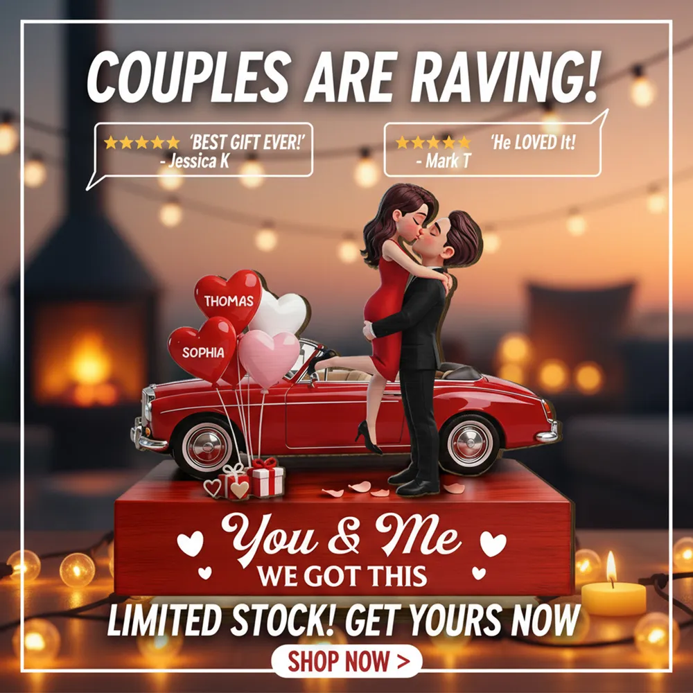 Personalized 2-Layer Wooden Plaque Couple Hugging by a Red Car, You & Me We Got This, Unique Valentine's Day Gift