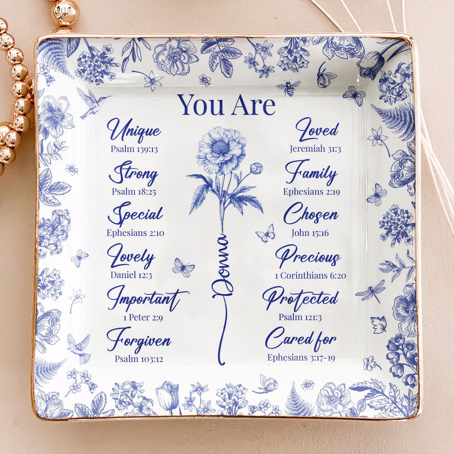 Jewelry Dish for Women, blue floral border with affirmation words, gold rim accents, elegant keepsake, customizable, a thoughtful gift