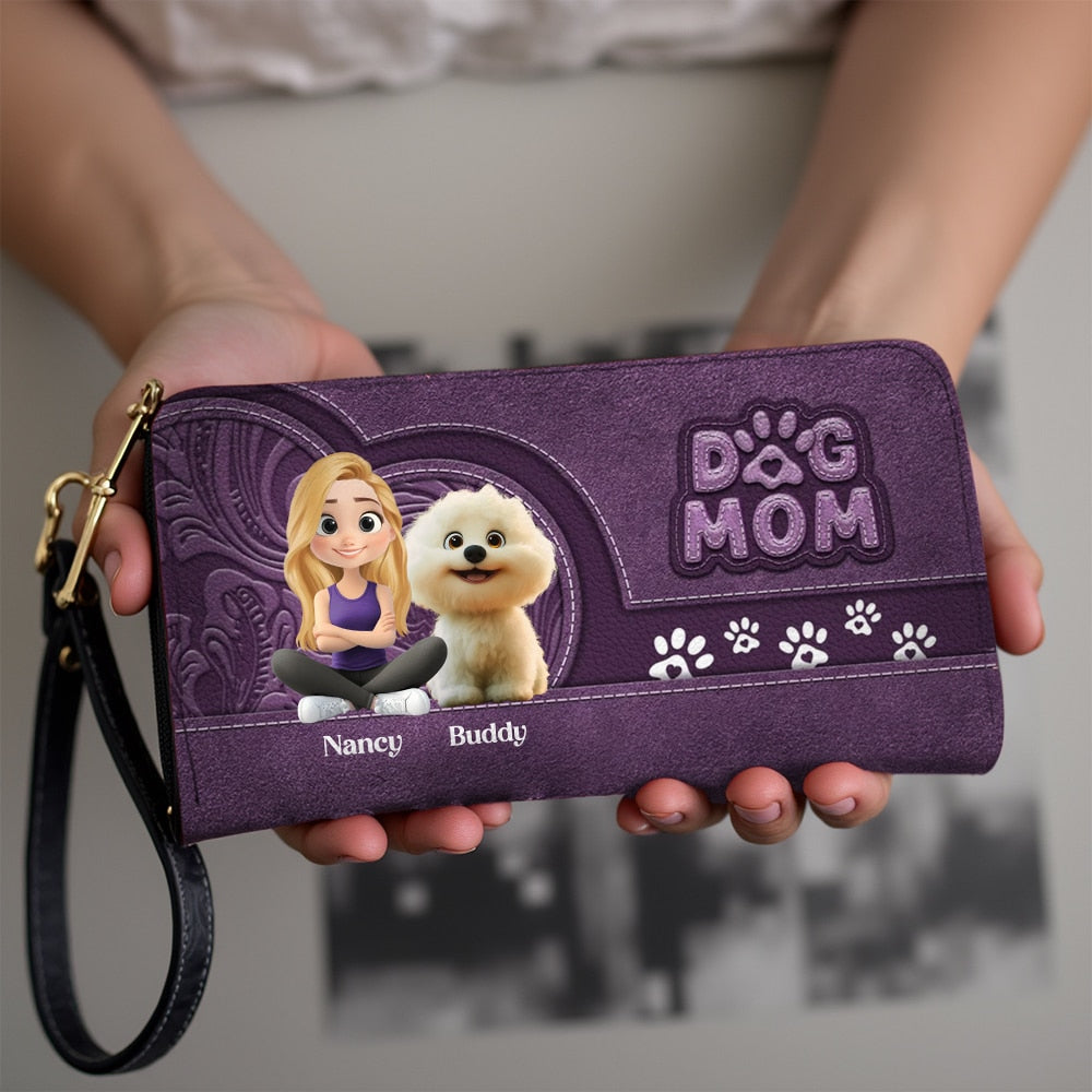 Custom Leather Long Wallet for Dog Moms – Adorable Pet Illustration with Name Personalization