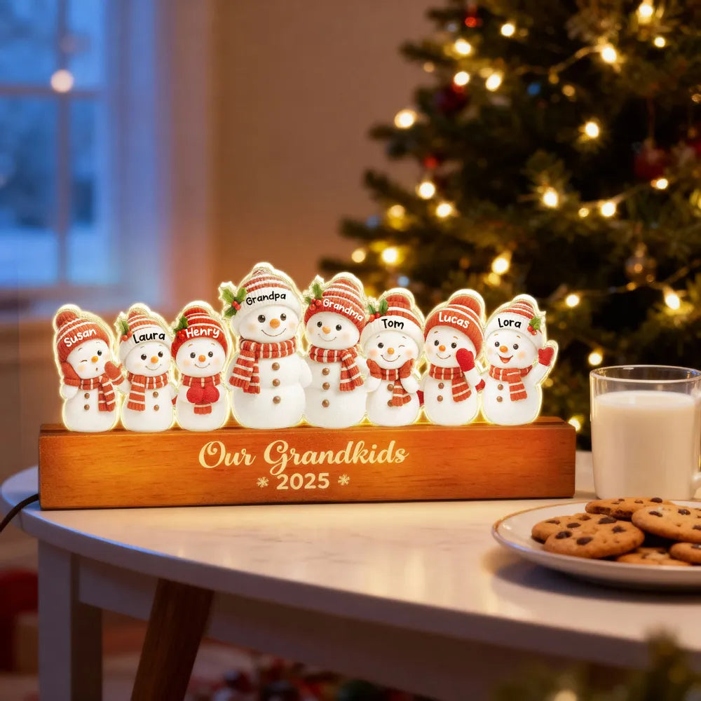 Snowman Grandkids Acrylic Block LED Plaque - Cozy Christmas Glow, a unique gift for Grandparents