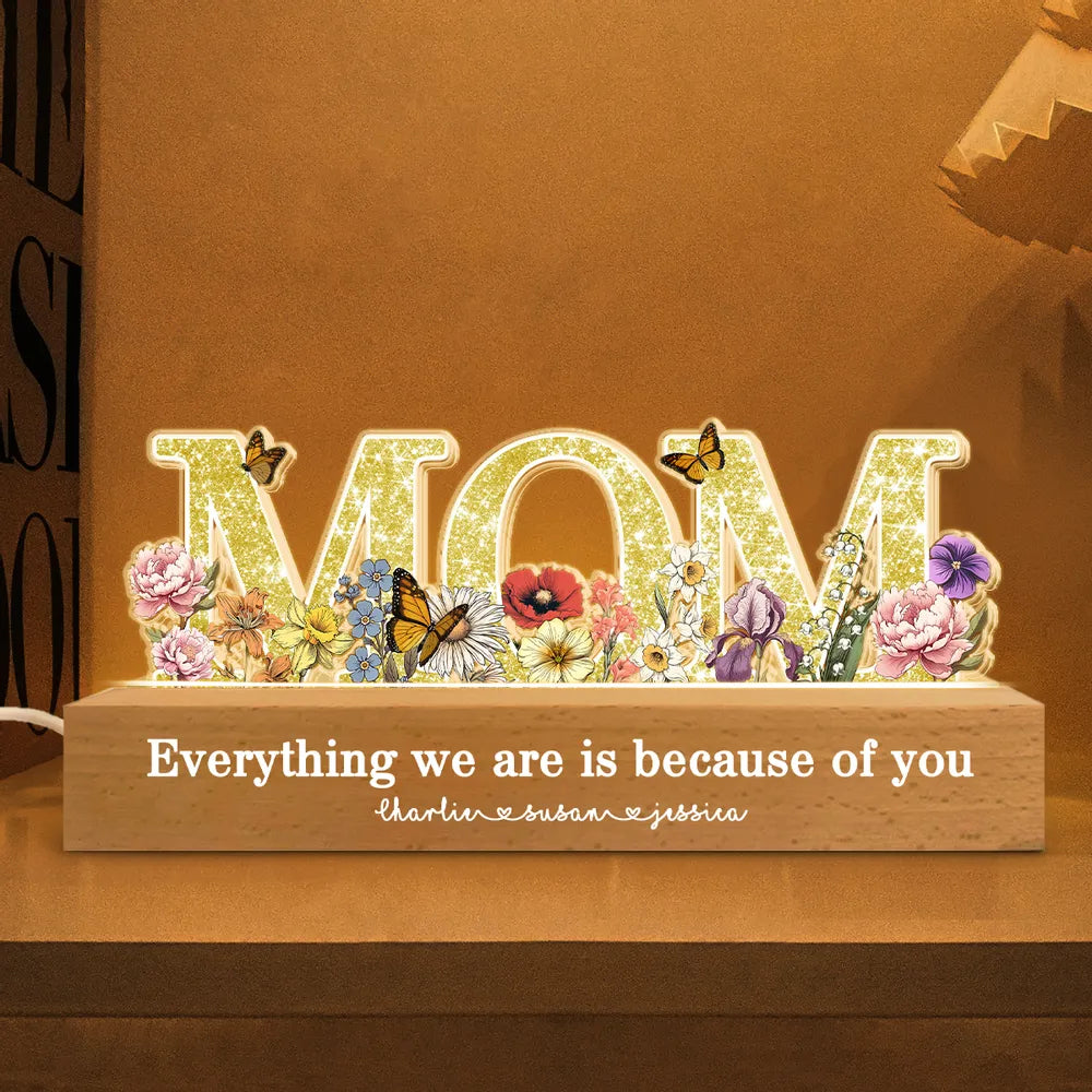 Personalized Block LED Light Plaque for Mom, Floral MOM Night Light with Custom Details, Cozy Bedroom Lamp & Heartfelt Gift