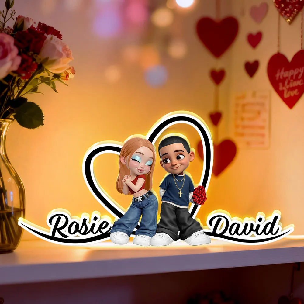 Personalized Couple Heart Acrylic Light Box, Y2K Cartoon Look for Bedroom Shelf Decor, Unique Romantic Gift for Him or Her