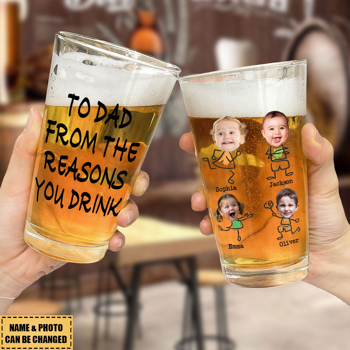 To Dad From the Reasons You Drink – Funny Custom Beer Glass with Kids’ Photos