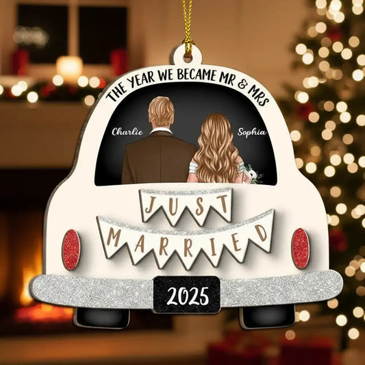 Custom 2-Layer Wooden Ornament 'Just Married' Gift for Couples