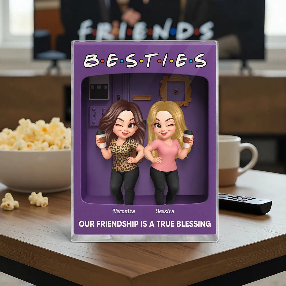 Rectangle Acrylic Block Plaque for Besties — cute characters holding coffee, purple backdrop, perfect friendship gift for birthdays, holidays, and everyday smiles