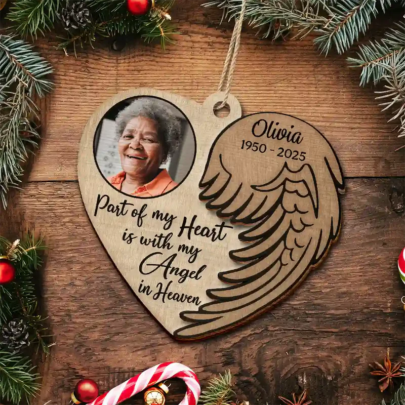Wooden Ornament 2-Layer Heart with Angel Wing, Part of My Heart photo memorial, a unique gift for family