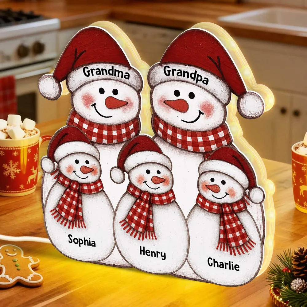 Acrylic Light Box with Folk-Art Snowman Family, Christmas decor, warm glow, unique personalized gift for Grandparents
