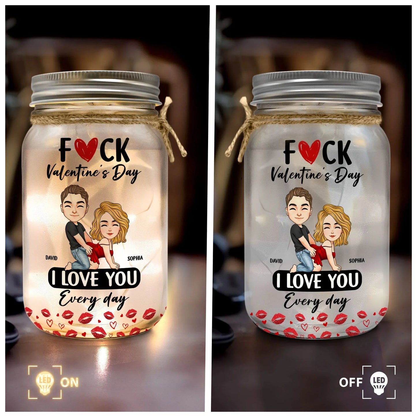 Personalized Glass Mason Jar Light Funny Valentine's Day Couple Cartoon Warm Glow Unique Gift for Girlfriend or Wife
