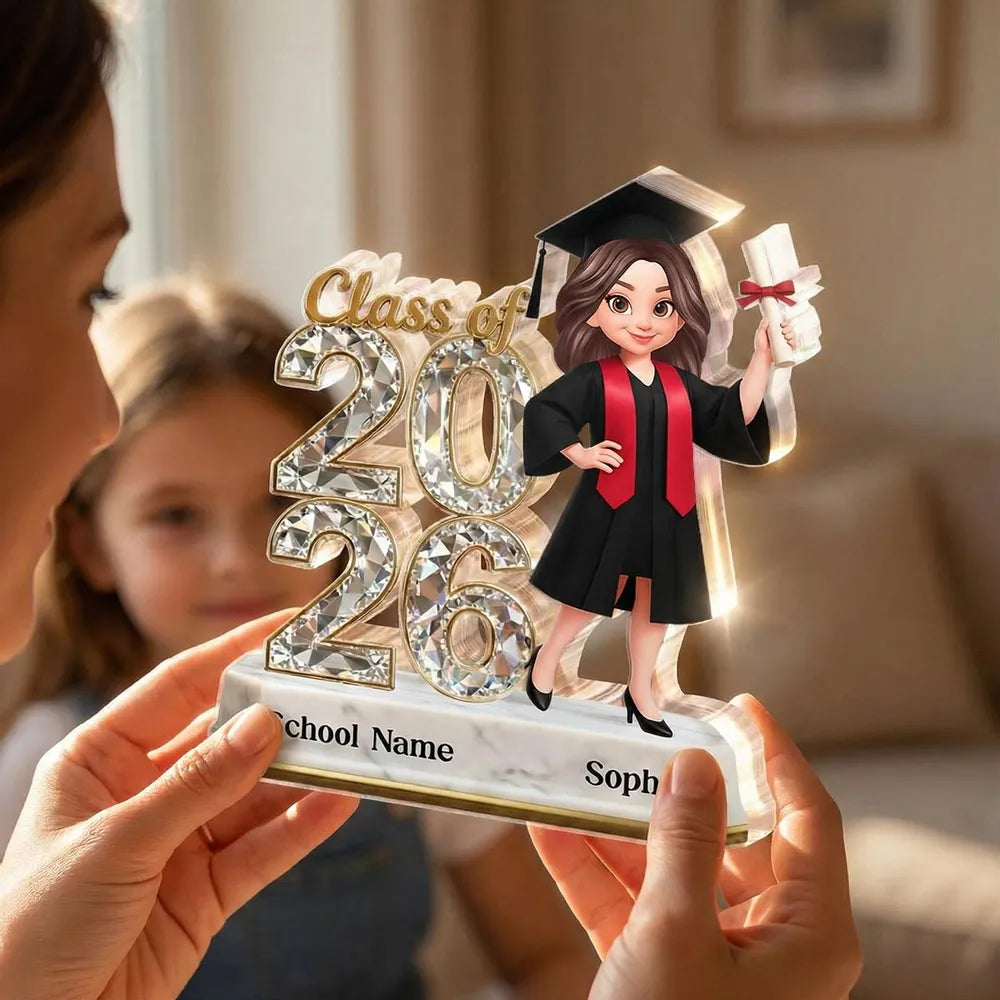 Shaped Acrylic Block Plaque Graduation Decor, Cute Cartoon Grad Holding Diploma, Personalized Keepsake Gift for Her