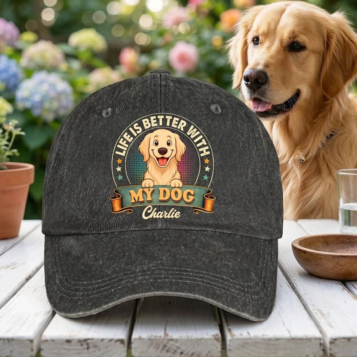 Personalized Washed Denim Baseball Cap With Cute Dog Graphic, Vintage Look Outdoor Wear, Unique Gift for Dog Lovers
