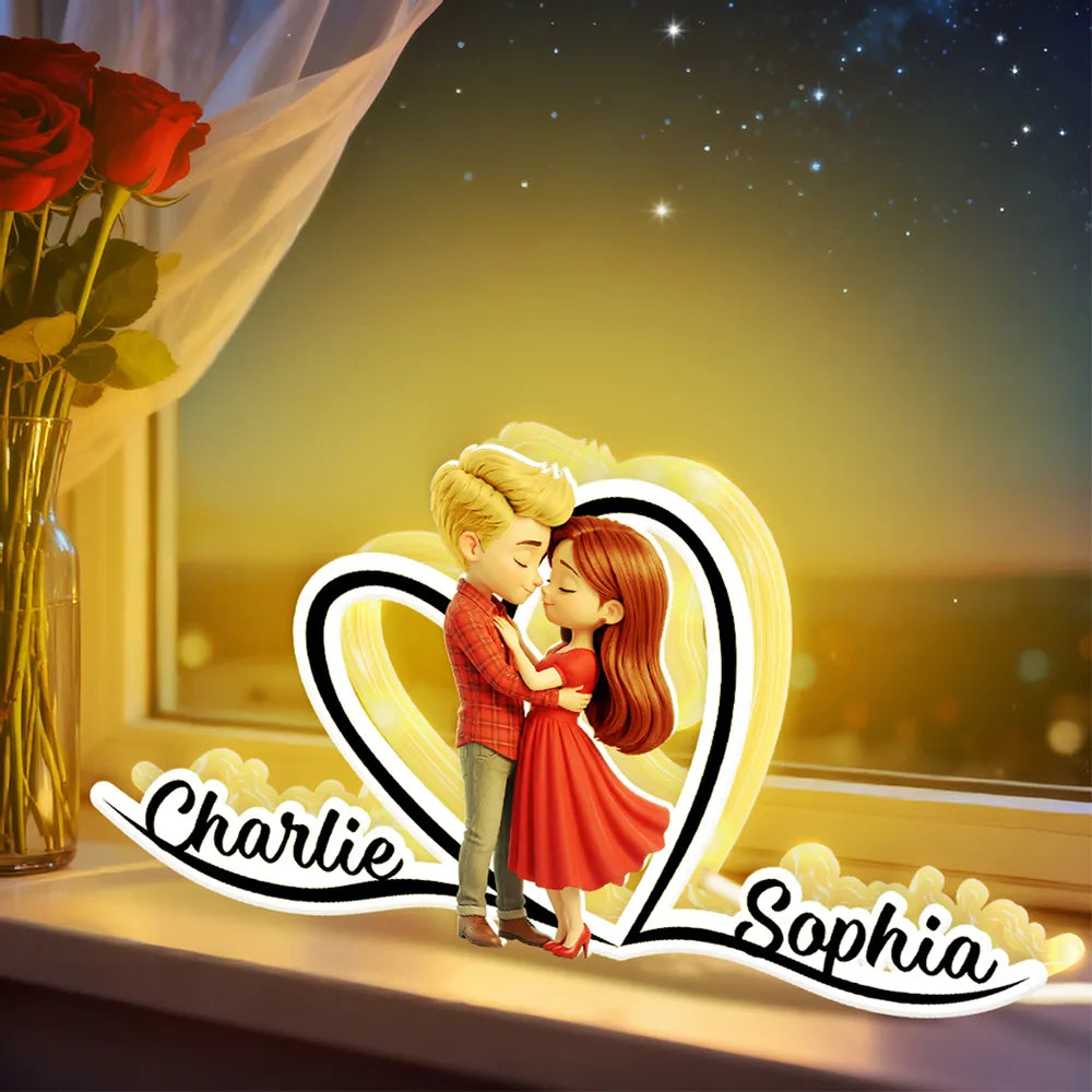 Personalized Acrylic Light Box with Kissing Couple and Heart Outline, Warm Glow Bedroom Decor, Unique Gift for Him or Her