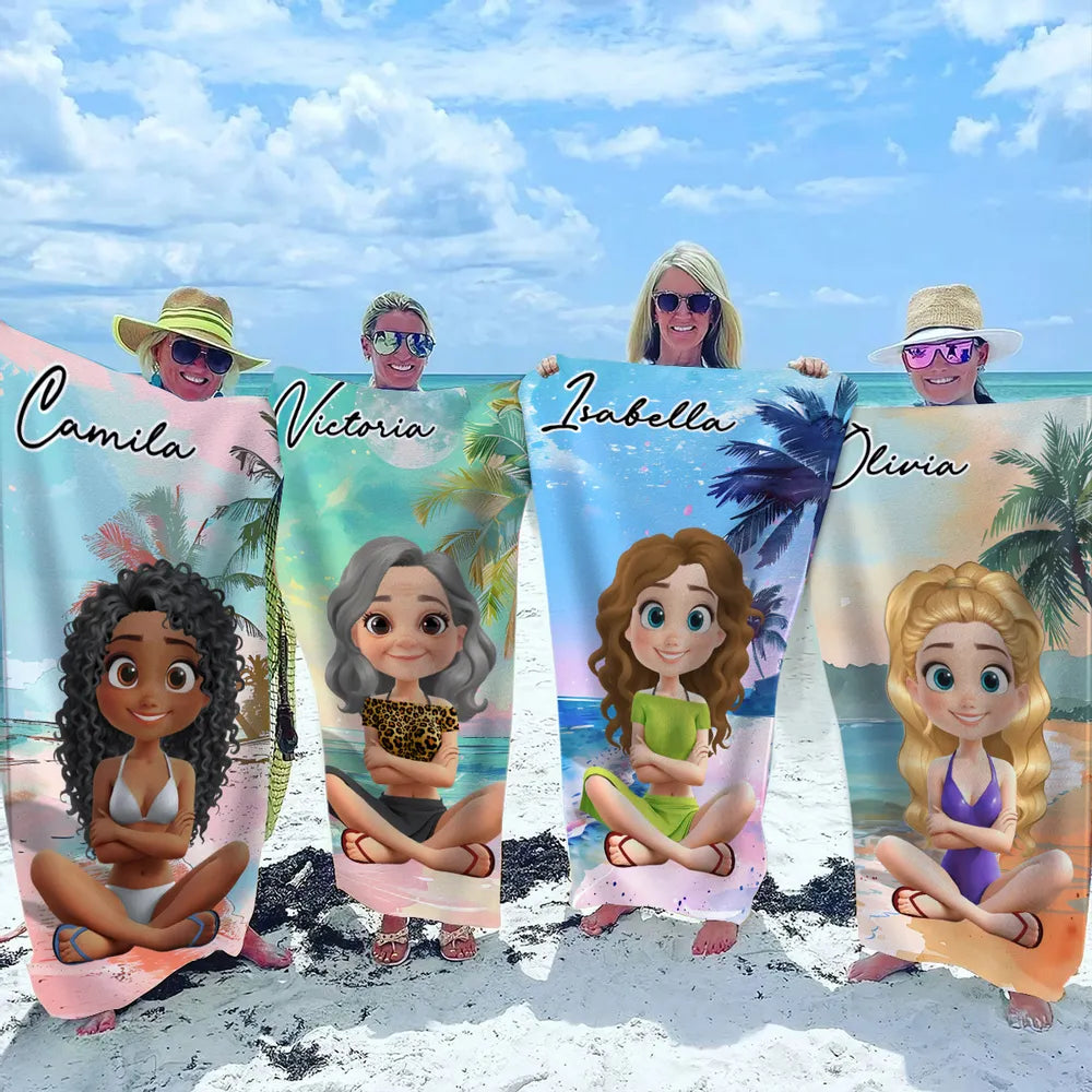 Personalized Beach Towel with Cartoon Girl – Summer Beach Gift for Her, Custom Name Towel for Vacation and Pool Days