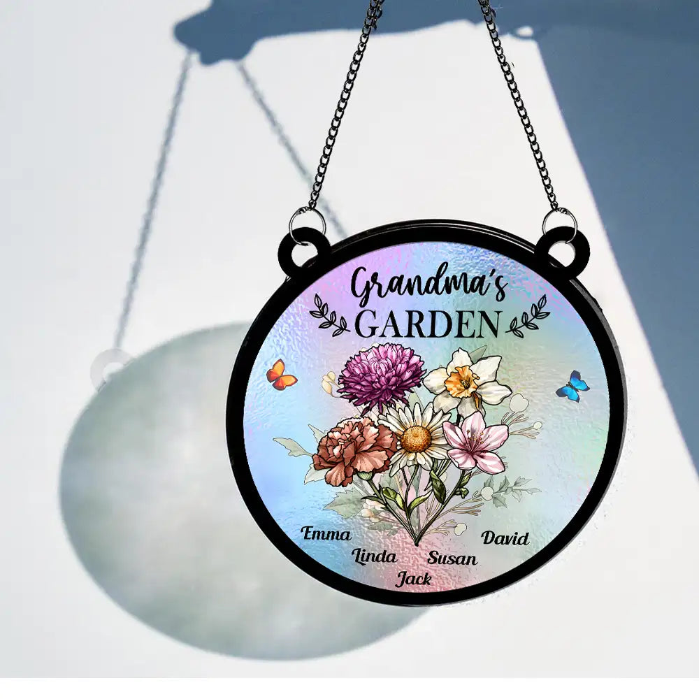 Personalized "Grandma’s Garden" Ornament – Custom Wood and Acrylic Layered Ornament for Grandma