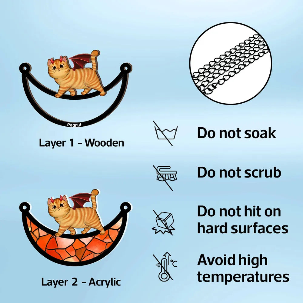 Wood and Acrylic Layered Ornament – Charming Cat with Cape & Hat, Chain-Hanging Moon Keepsake for Cat Lovers