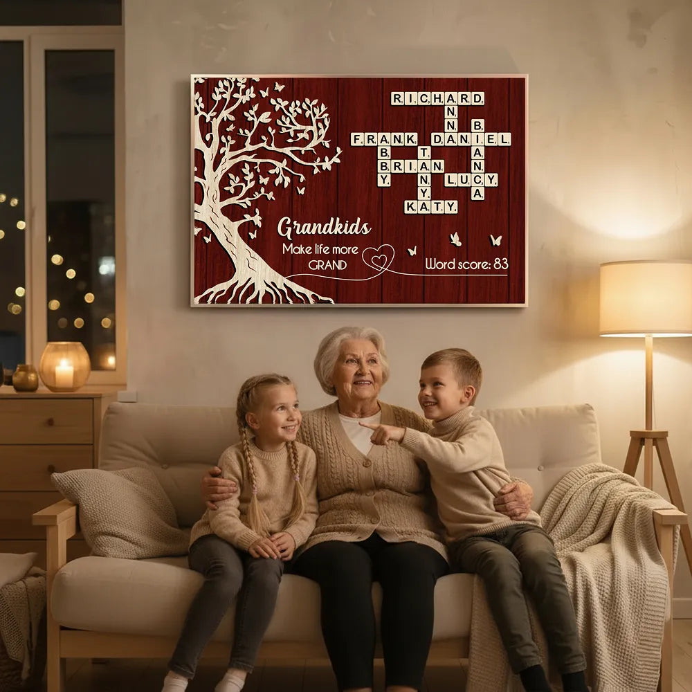 Personalized Grandkids Poster with Family Tree & Crossword Names – Custom Wall Art Gift for Grandma & Grandpa, Unique Home Decor Keepsake