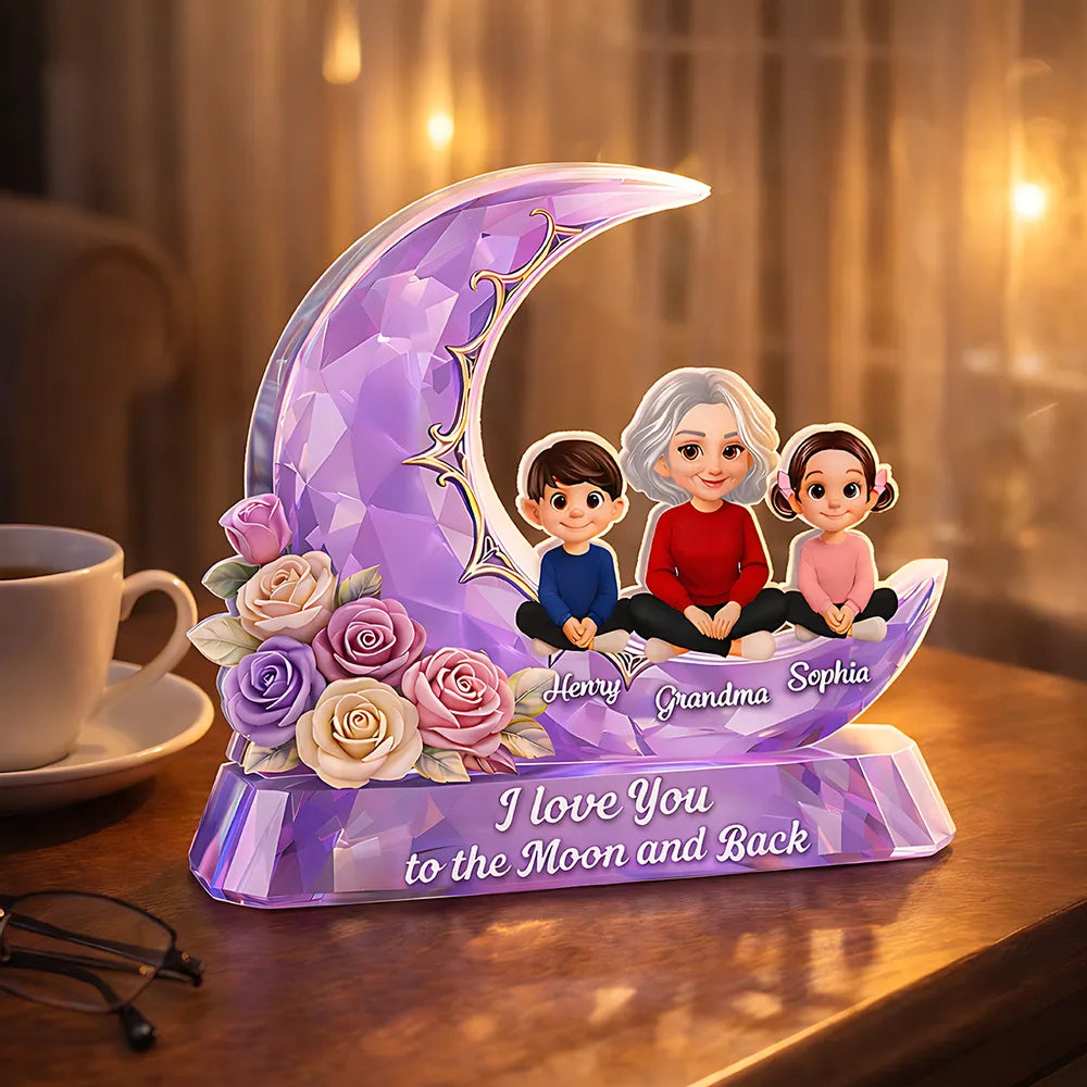 Personalized Shaped Acrylic Block Plaque with Grandma and Grandkids on a Purple Moon, Unique Gift for Grandma, I Love You to the Moon and Back