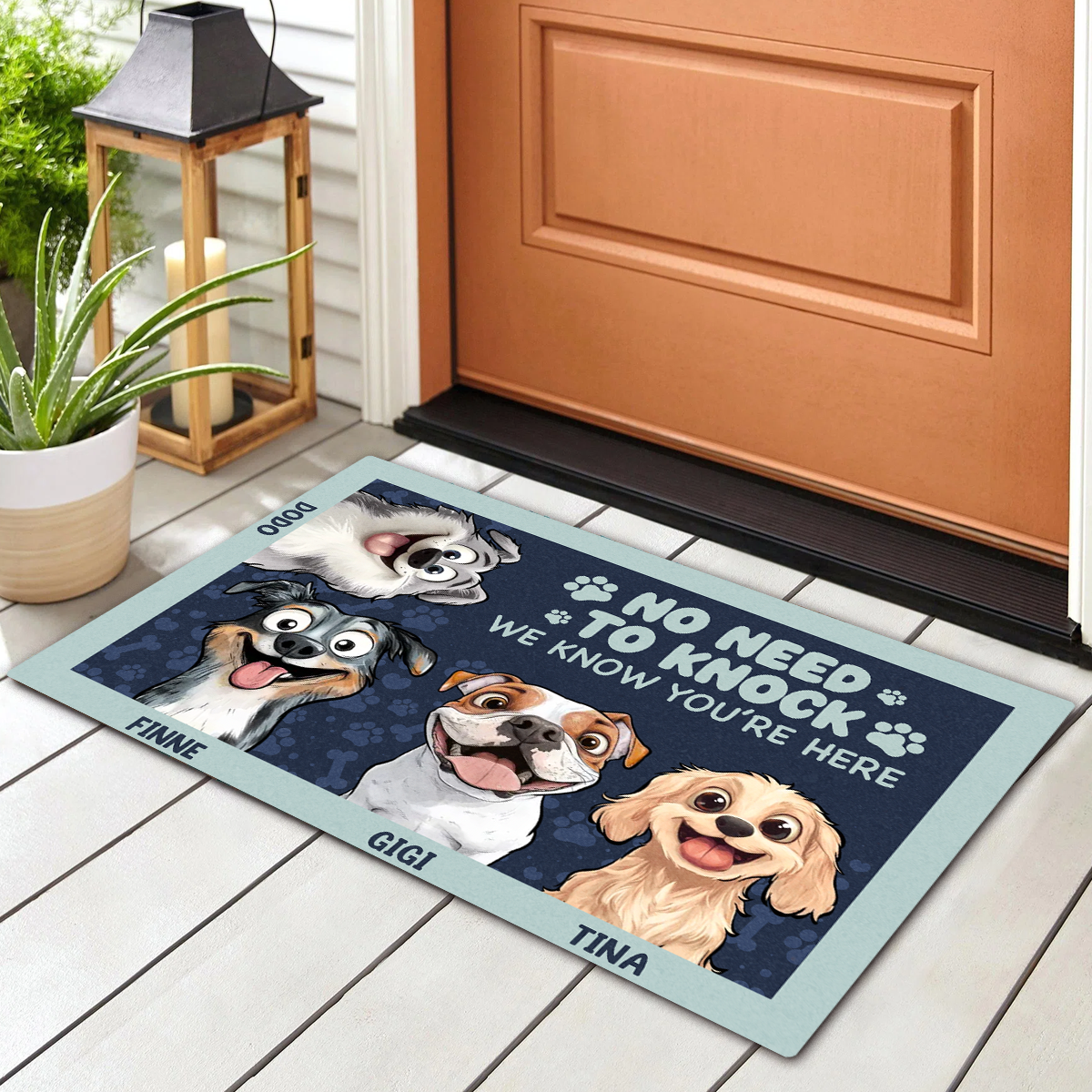No Need to Knock – Personalized Standard Doormat for Dog Lovers, Custom Names with Fun Pet Designs, Ideal for Home Entrance