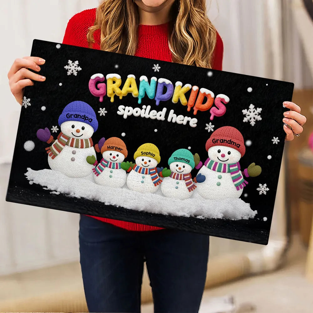 Doormat Personalized Snowman Family for Entryway, Grandkids Spoiled Here, cozy winter look, unique gift for Grandparents