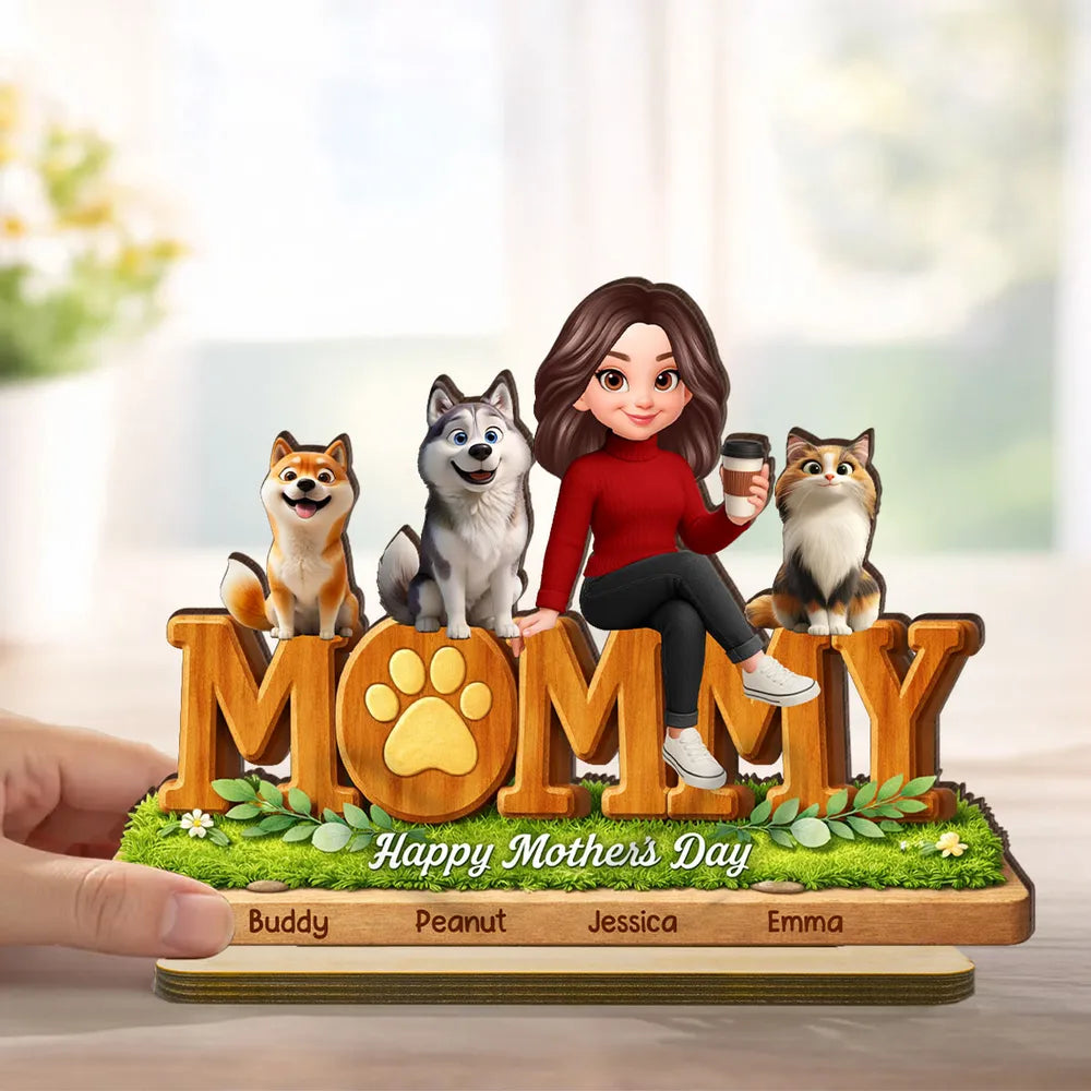 Personalized 2-Layer Wooden Plaque for Dog Mom and Cat Mom, Happy Mother's Day Mommy Design, Unique Gift for Her