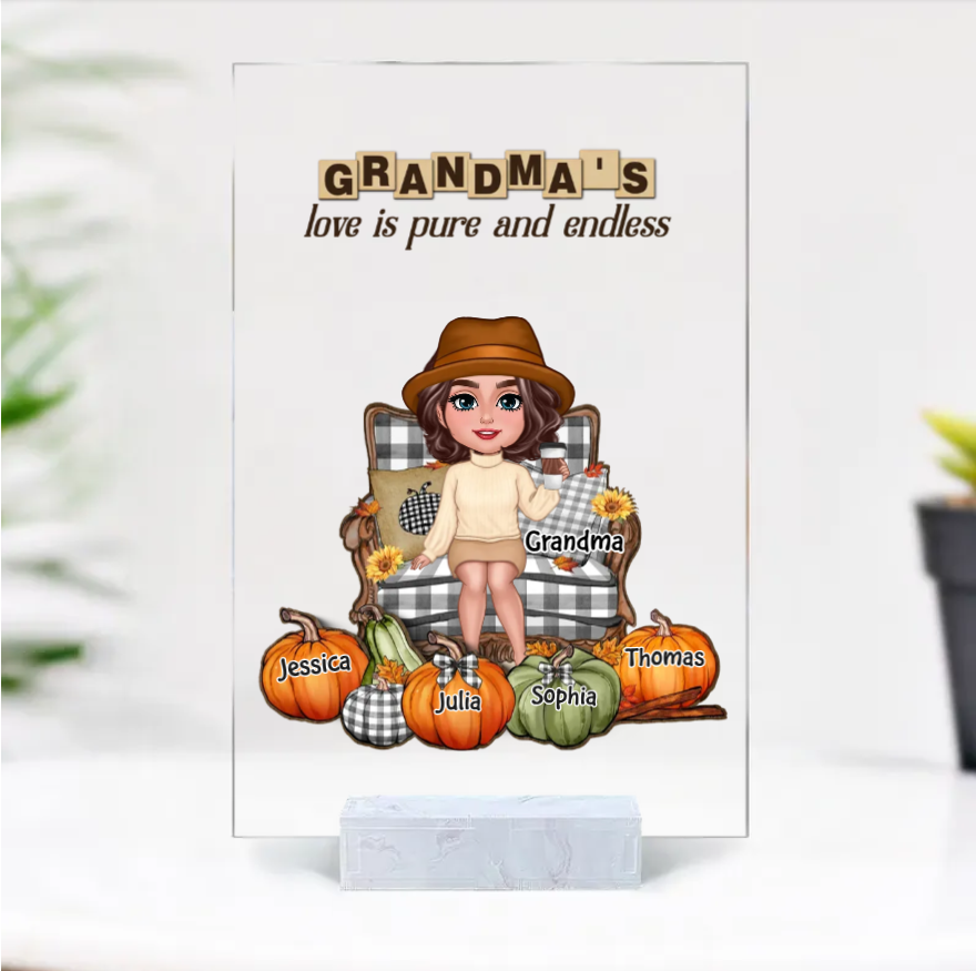 "Personalized Grandma's Autumn Pumpkin Ornament, Poster, Keychain, Plaque, Pillow & Blanket and Cup - A Heartwarming Gift for Loved Ones"