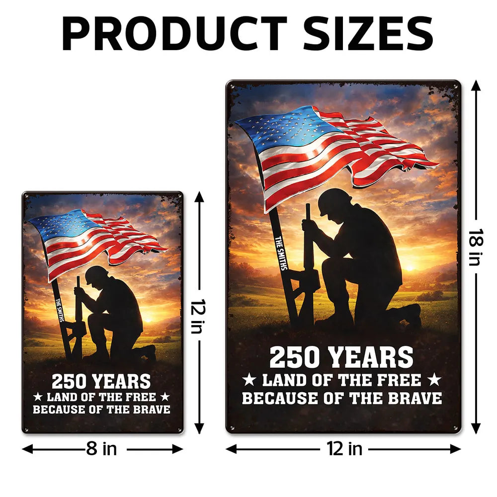Personalized USA 250th Anniversary Rectangular Iron Sign, Kneeling Soldier Under Flag Porch Decor, Unique Patriotic Gift