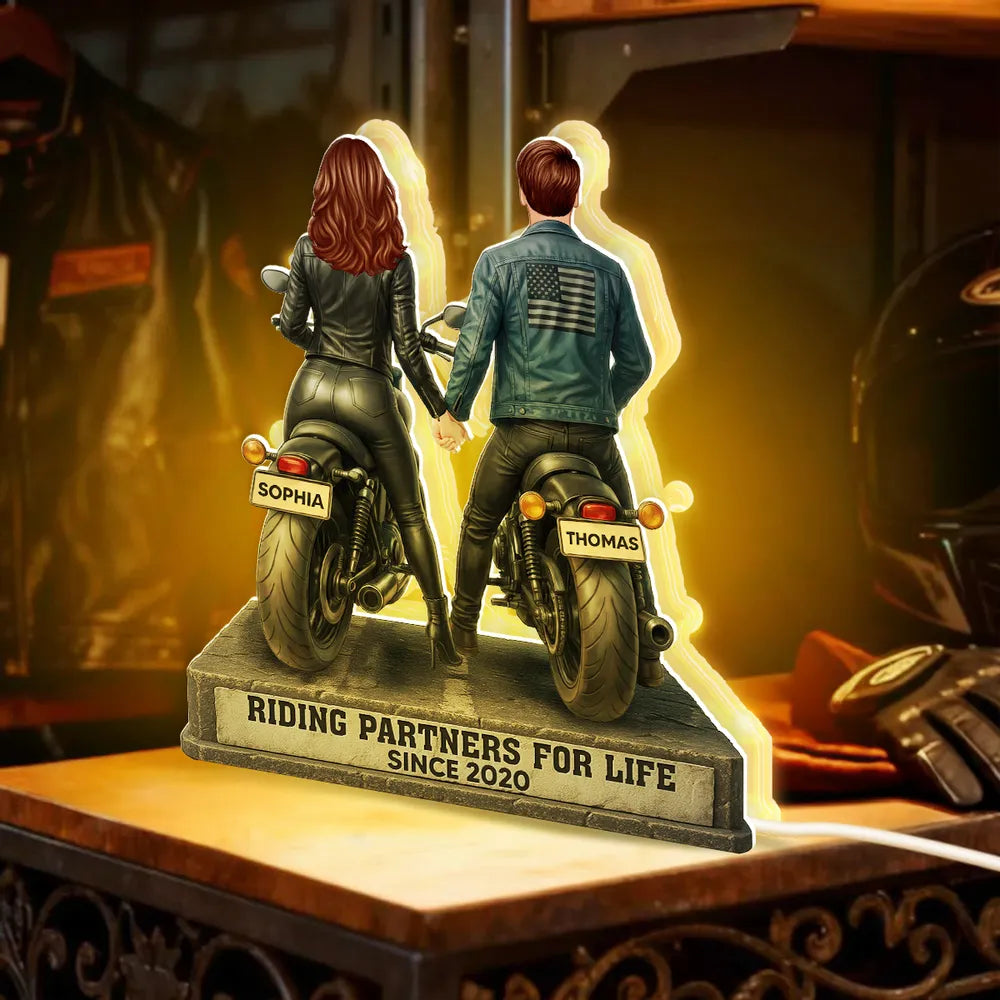 Riding Partners for Life Acrylic Light Box, Custom Motorcycle Couple Night Light with Warm Glow, Sentimental Gift