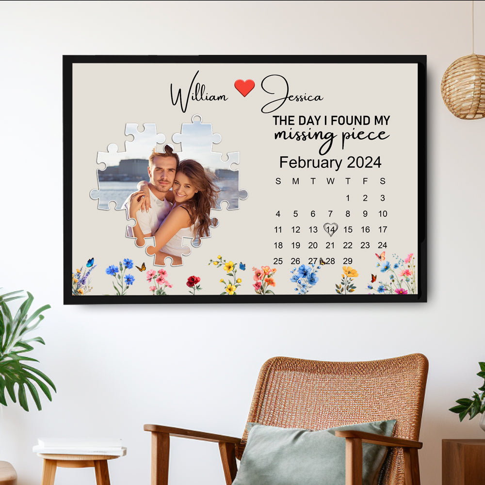 The Day I Found My Missing Piece – Customizable Couple's Poster, Gift for lover, with Puzzle Heart, Calendar, and Floral Details
