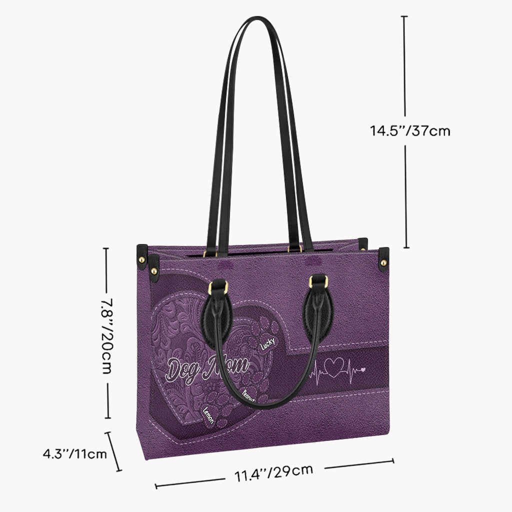 Dog Mom Cat Mom Heart And Paws - Personalized Dog Leather Handbag