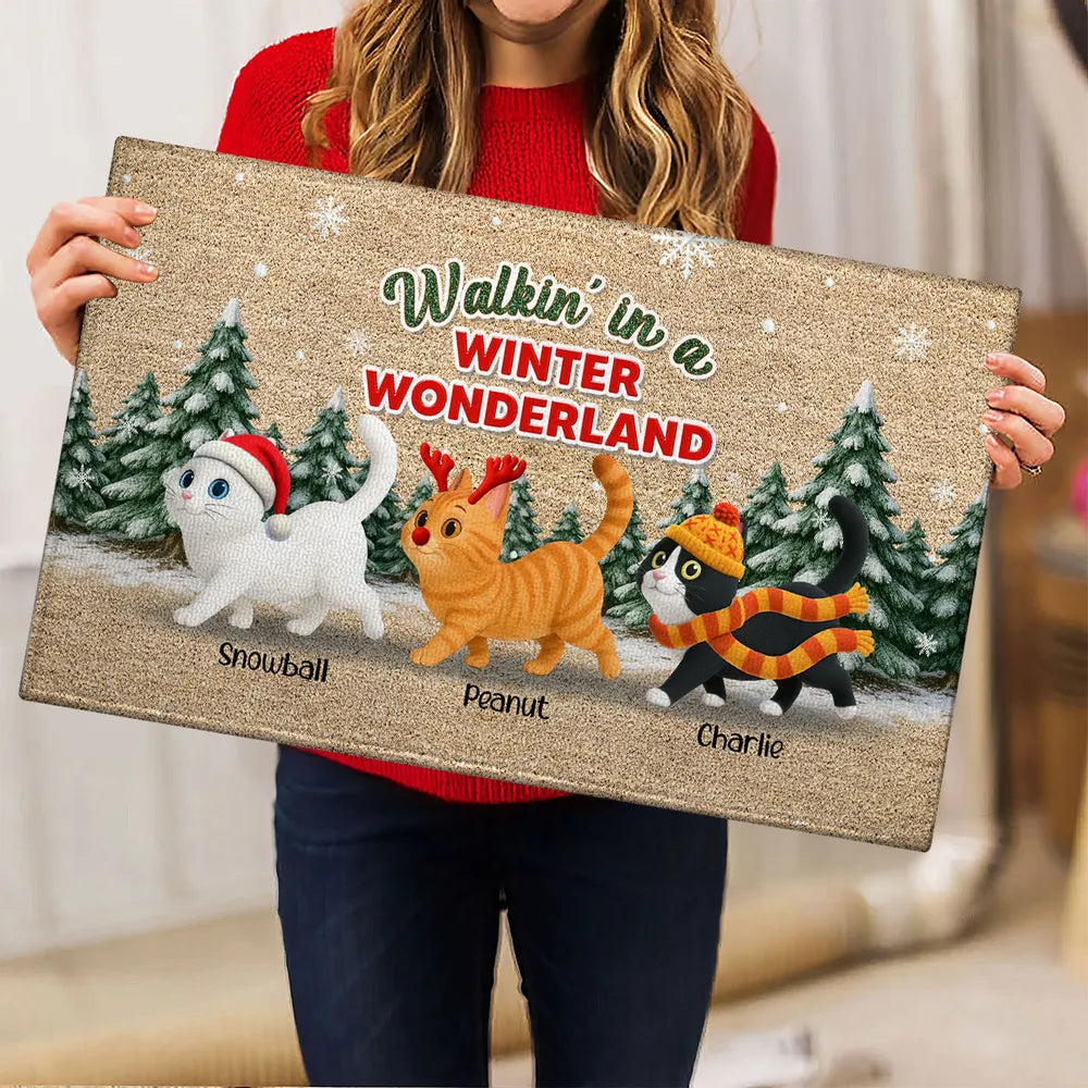 Personalized Standard Doormat with Cute Cats, Winter Wonderland Scene, Unique Holiday Gift for Pet Lovers