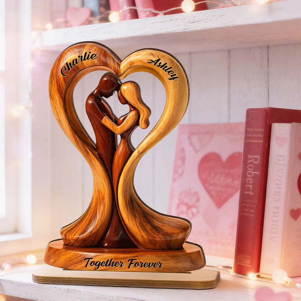 Personalized 2-Layer Wooden Plaque Heart Couple Hugging Together Forever Unique Anniversary Gift for Husband or Wife