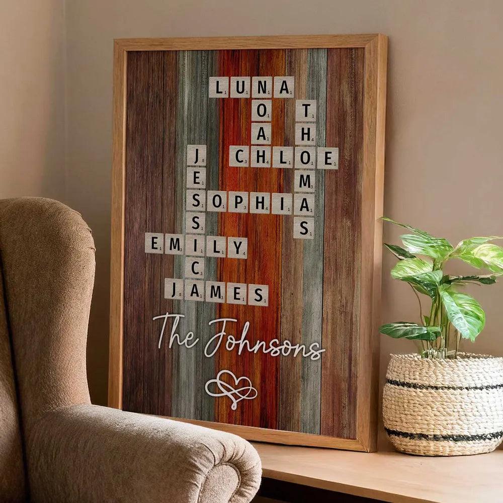 Personalized Family Name Poster Crossword Wall Art – Rustic Colorful Wood Decor, Heartfelt Home Display, Unique Gift for Parents & Loved Ones