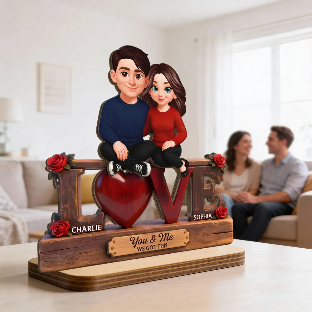2-Layer Wooden Plaque with Cute Couple on LOVE Sign and Red Heart, Personalized Keepsake for Your Favorite Person