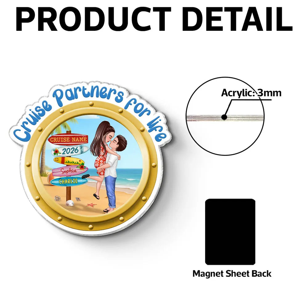 Personalized Cruise Partners For Life Acrylic Magnet, Couple Kissing on a Beach Porthole, Unique Cruise Door Gift