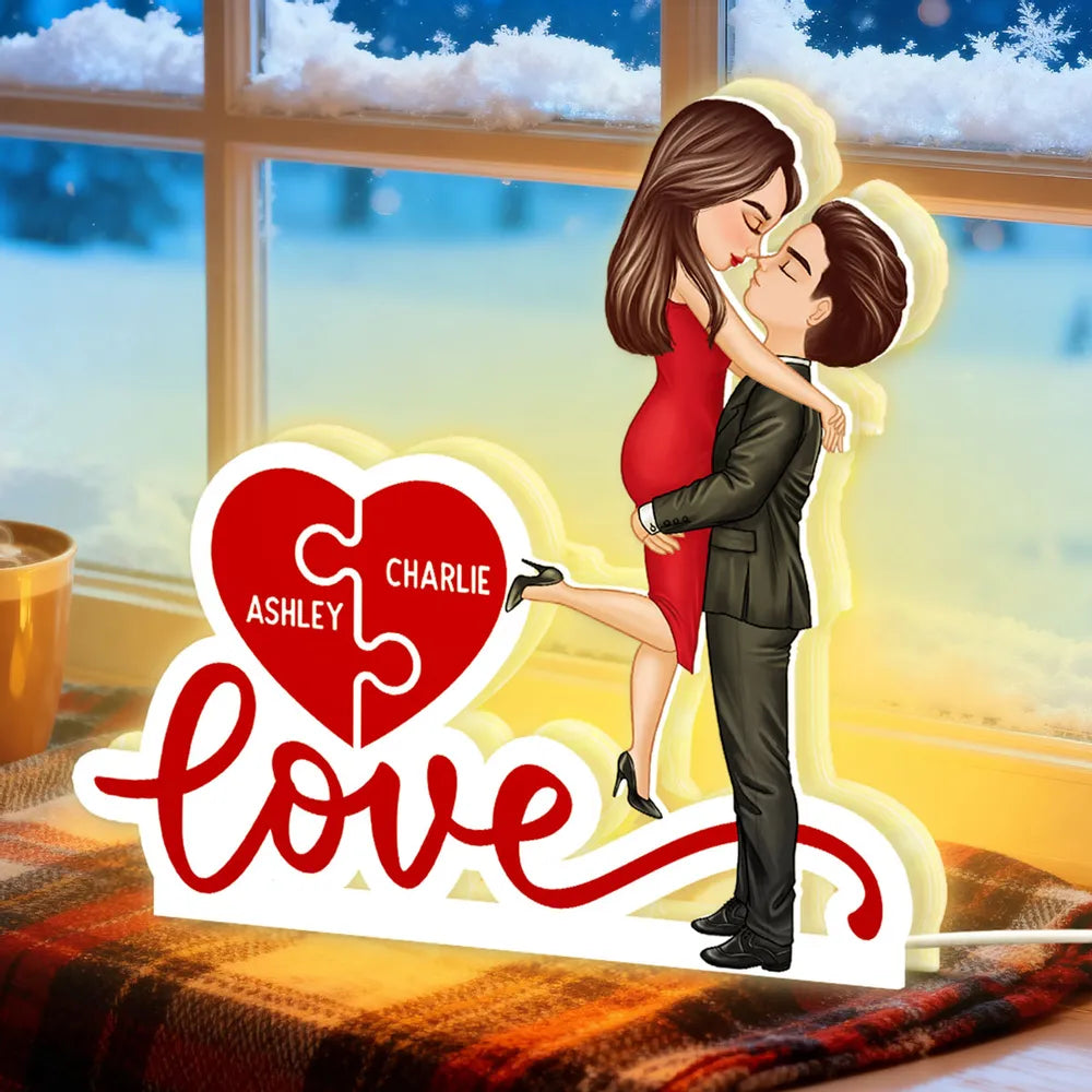 Acrylic Light Box Warm Glow Couple Embrace Love Heart Puzzle Design - Personalized Keepsake Gift for Couples